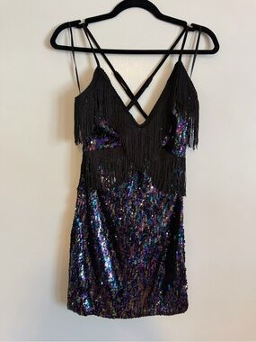 Naanaa Black Iridescent Sequin Fringe Mini Dress Size 10 Party Dress